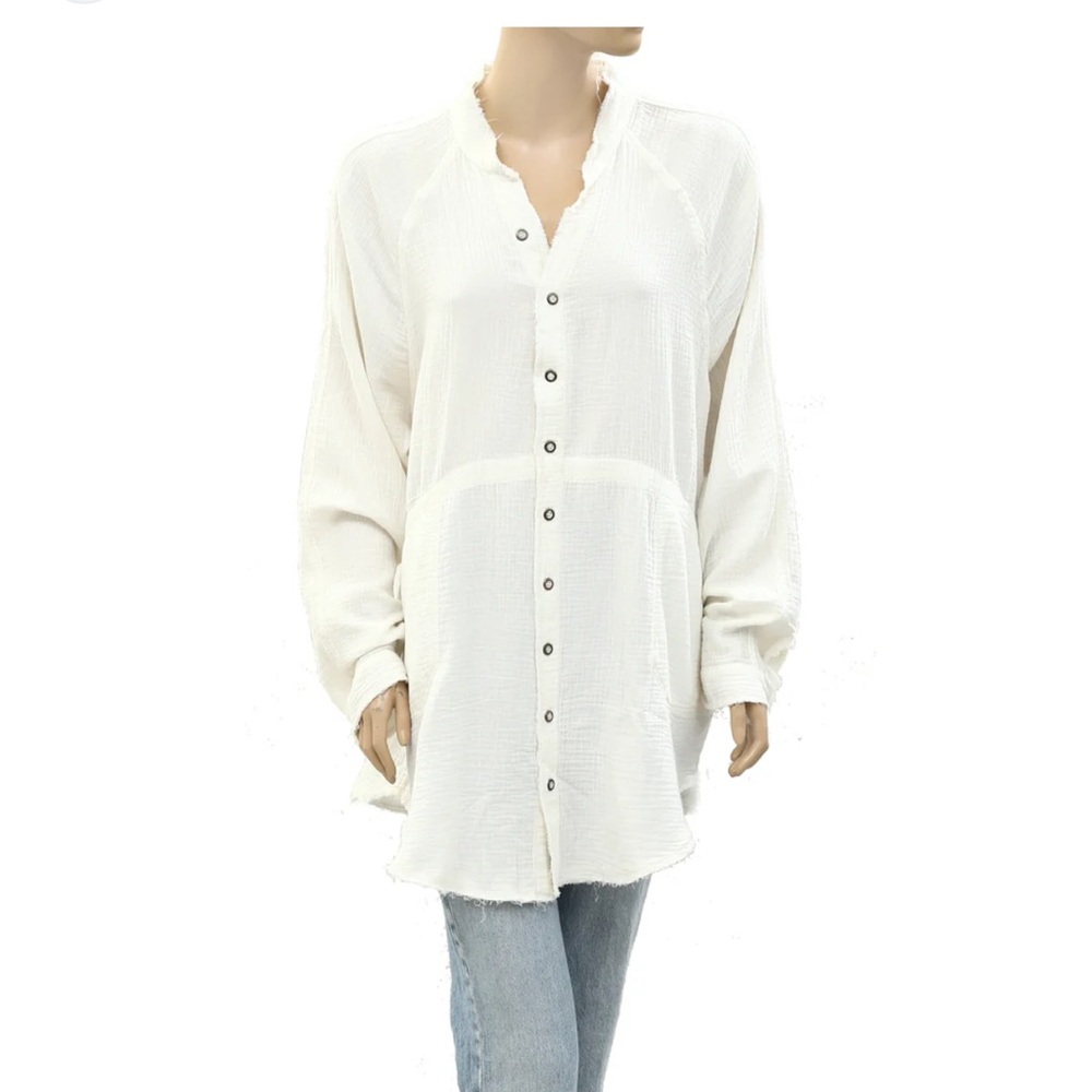 FREE PEOPLE white button down front side bottom slits dress rayon large - Picture 3 of 10